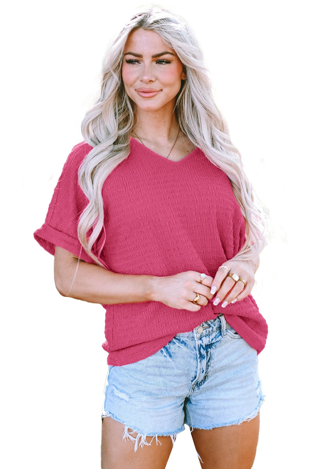 Vibrant Pink Textured V Neck Tee with Rolled Sleeves