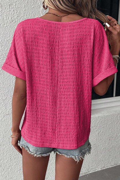 Vibrant Pink Textured V Neck Tee with Rolled Sleeves