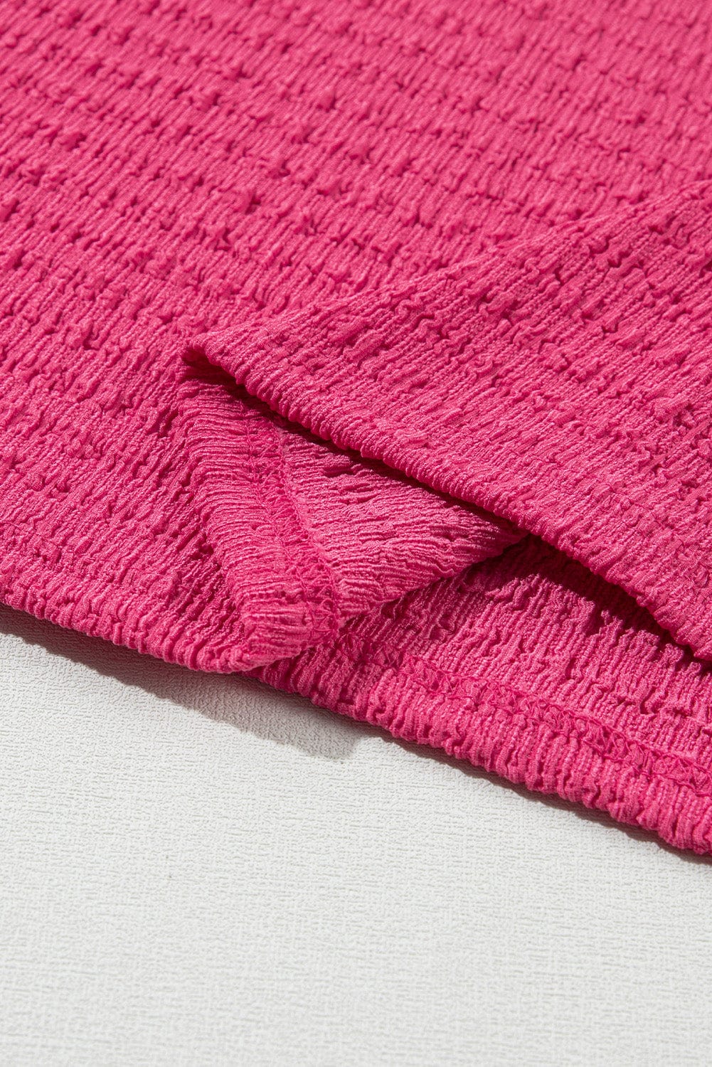 Vibrant Pink Textured V Neck Tee with Rolled Sleeves