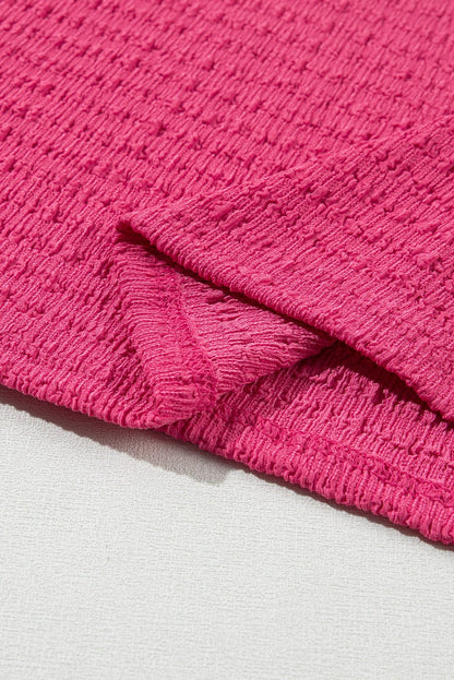 Vibrant Pink Textured V Neck Tee with Rolled Sleeves