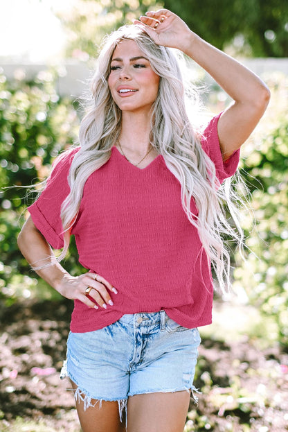 Vibrant Pink Textured V Neck Tee with Rolled Sleeves