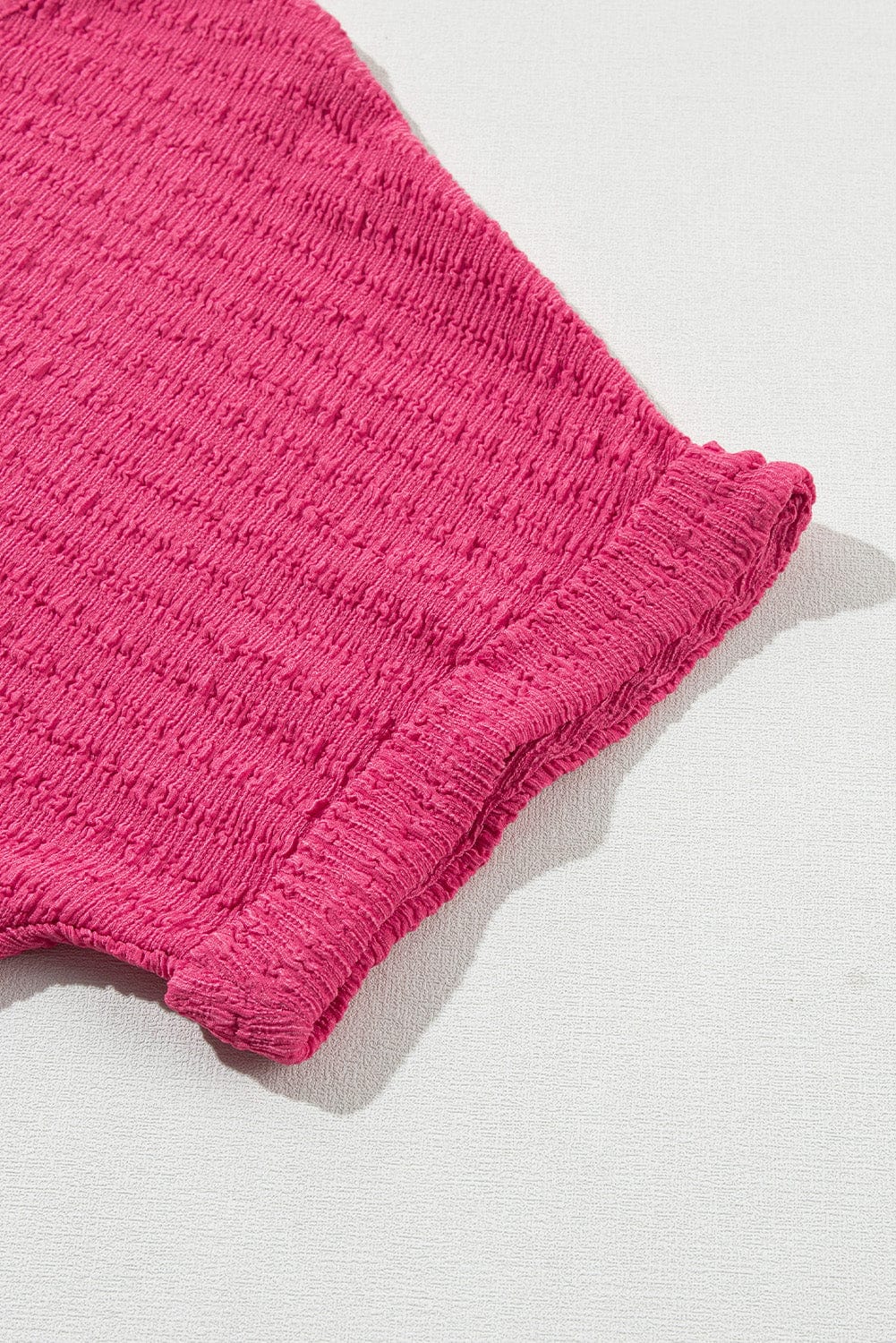 Vibrant Pink Textured V Neck Tee with Rolled Sleeves