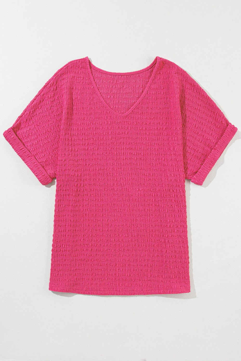 Vibrant Pink Textured V Neck Tee with Rolled Sleeves