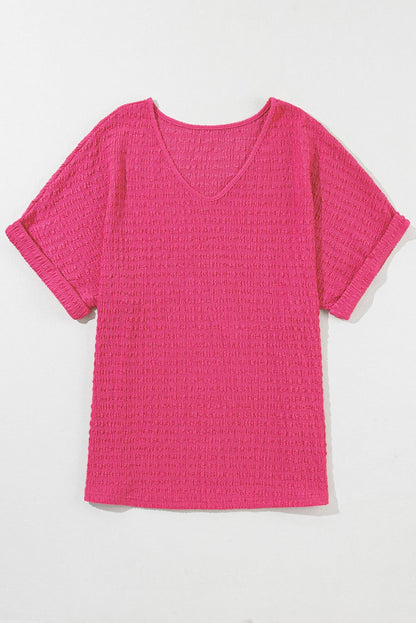 Vibrant Pink Textured V Neck Tee with Rolled Sleeves