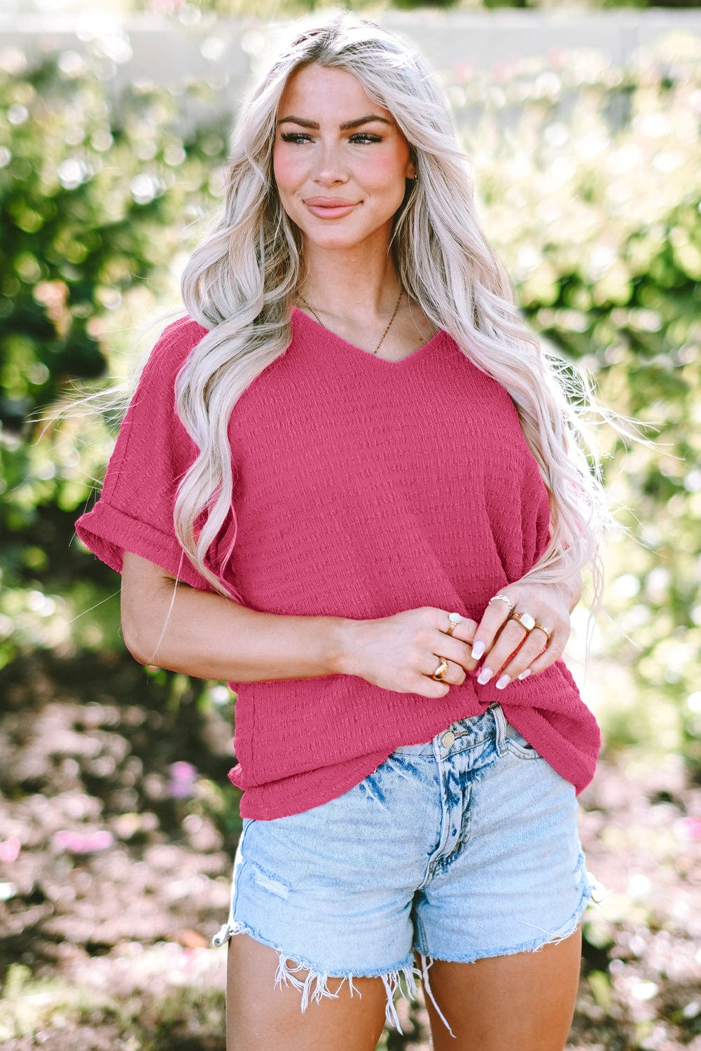 Vibrant Pink Textured V Neck Tee with Rolled Sleeves