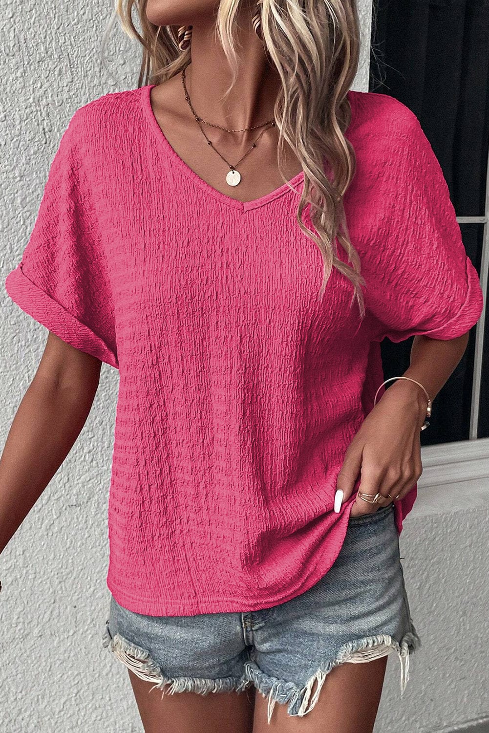 Vibrant Pink Textured V Neck Tee with Rolled Sleeves