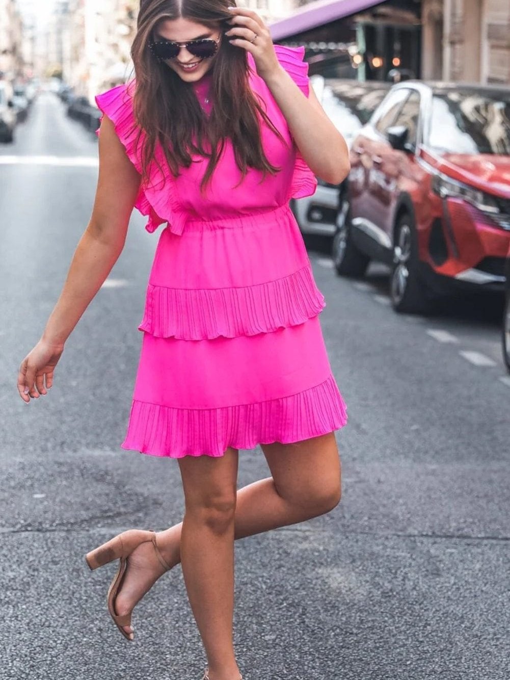 Vibrant Pink Tiered Flutter Sleeve Mini Dress