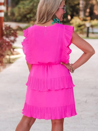 Vibrant Pink Tiered Flutter Sleeve Mini Dress