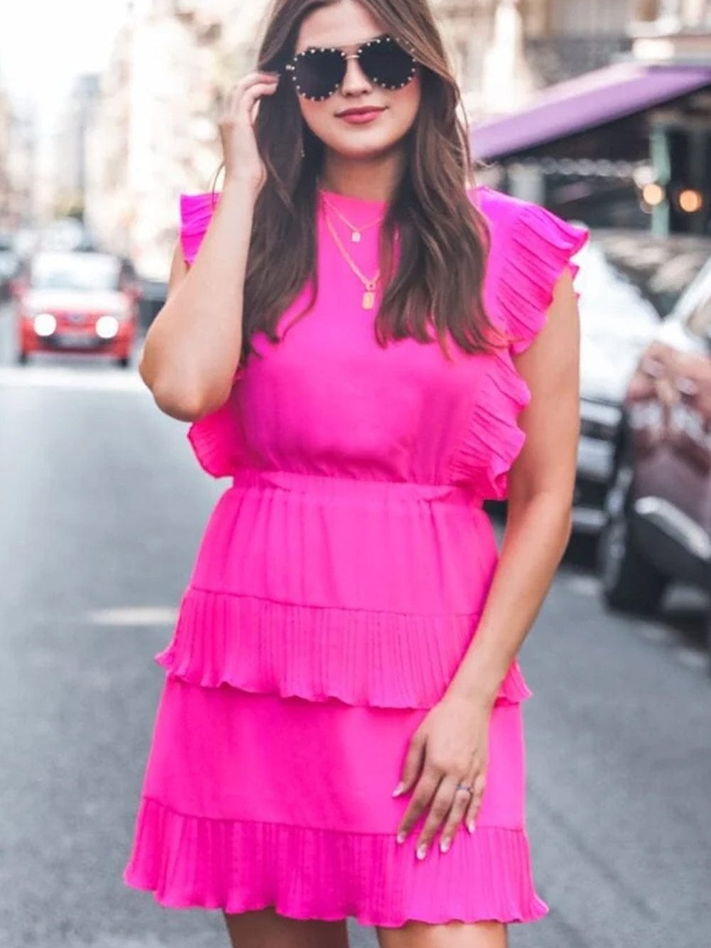 Vibrant Pink Tiered Flutter Sleeve Mini Dress