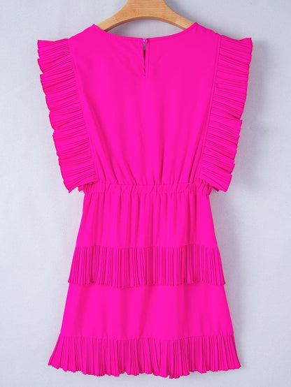 Vibrant Pink Tiered Flutter Sleeve Mini Dress