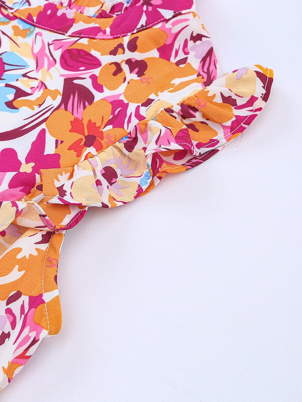 Vibrant Red Floral Ruffle Trim Tiered Sleeveless Mini Dress