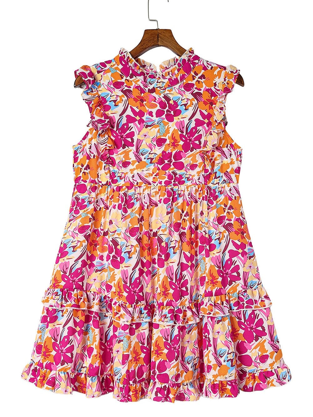 Vibrant Red Floral Ruffle Trim Tiered Sleeveless Mini Dress