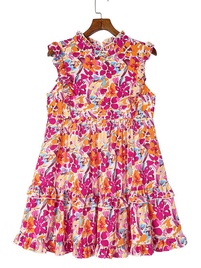 Vibrant Red Floral Ruffle Trim Tiered Sleeveless Mini Dress