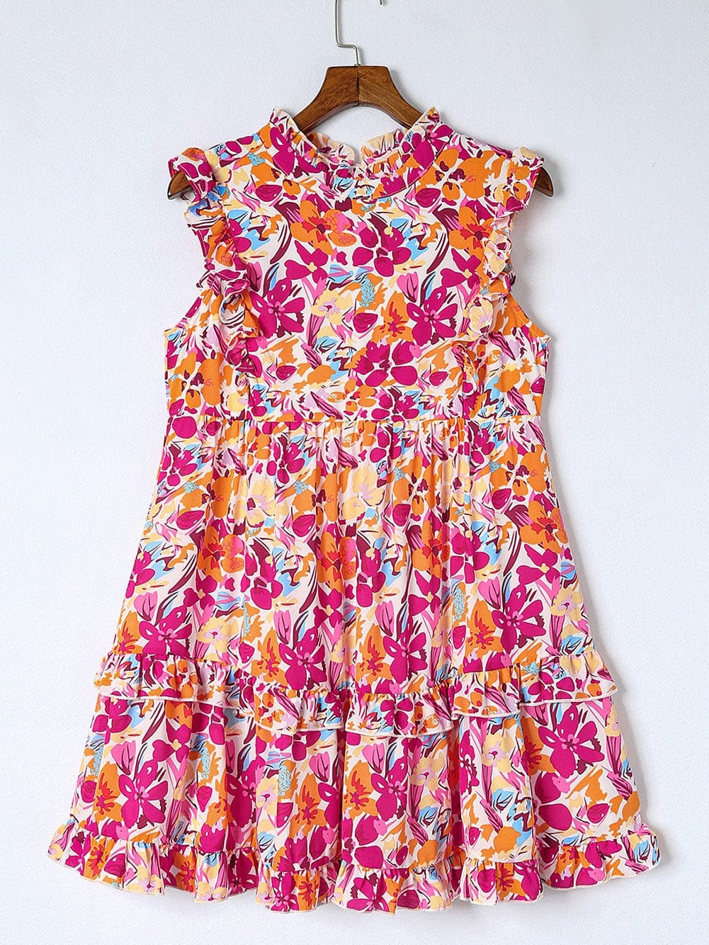 Vibrant Red Floral Ruffle Trim Tiered Sleeveless Mini Dress