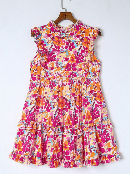 Vibrant Red Floral Ruffle Trim Tiered Sleeveless Mini Dress