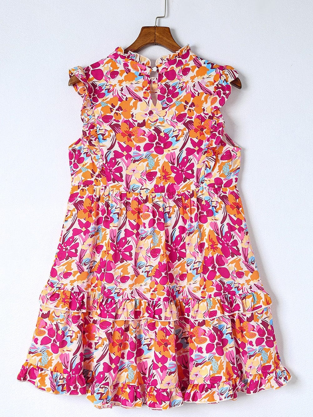 Vibrant Red Floral Ruffle Trim Tiered Sleeveless Mini Dress