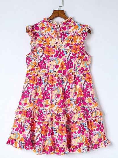 Vibrant Red Floral Ruffle Trim Tiered Sleeveless Mini Dress