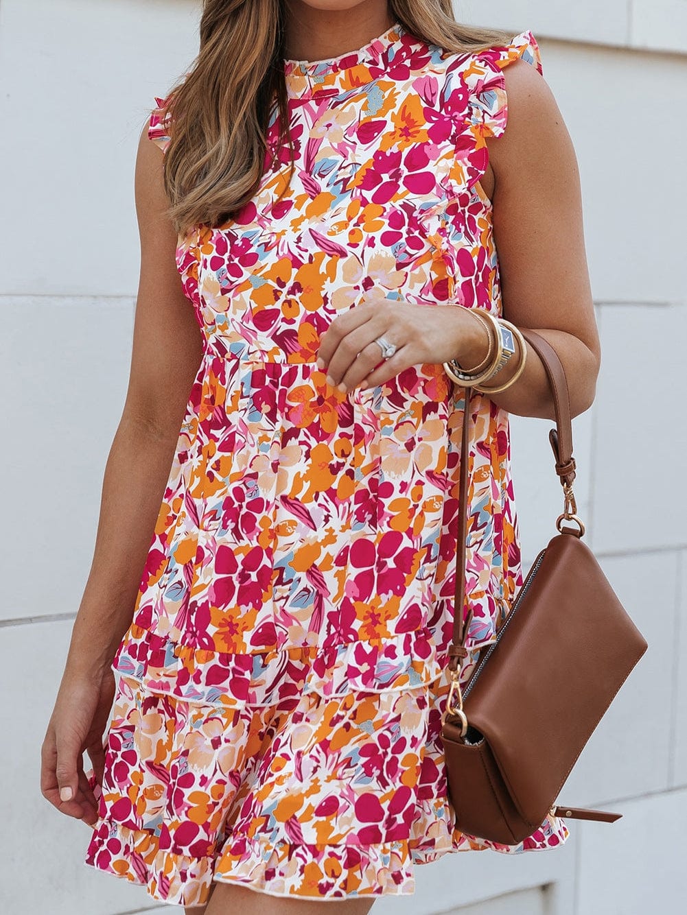 Vibrant Red Floral Ruffle Trim Tiered Sleeveless Mini Dress