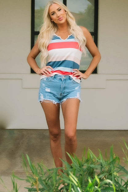 Vibrant Striped Color Block V-Neck Sleeveless Top