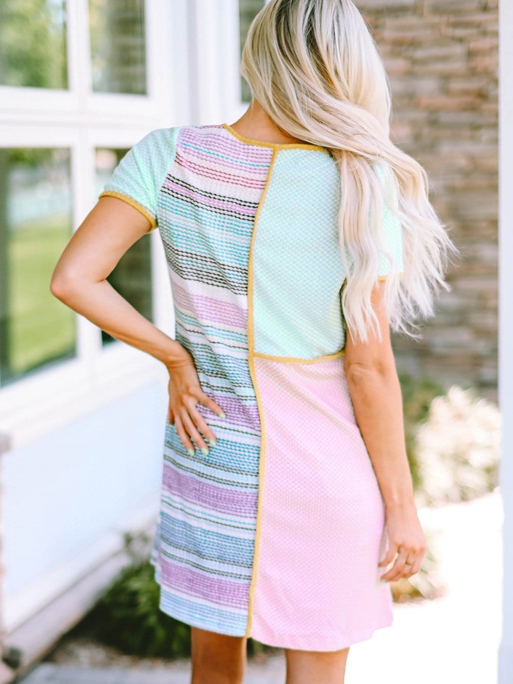 Vibrant Striped Knit A-line Dress with Colorful Patchwork