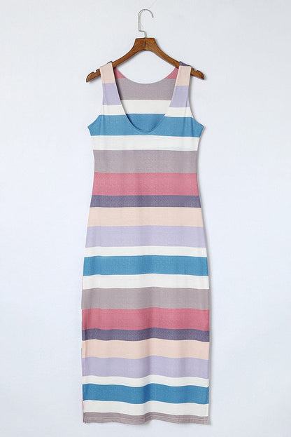 Vibrant Striped Maxi Tank Dress with Side Slits