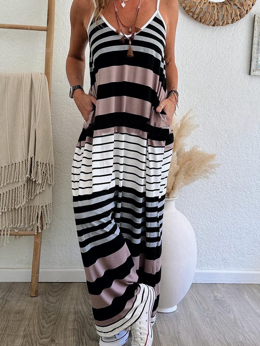 Vibrant Striped Spaghetti Strap Maxi Dress