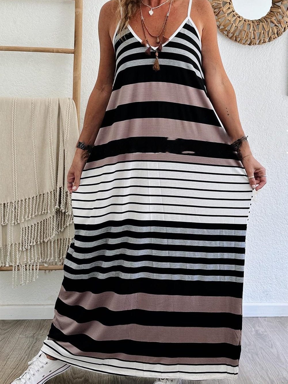 Vibrant Striped Spaghetti Strap Maxi Dress