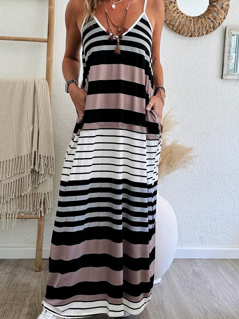 Vibrant Striped Spaghetti Strap Maxi Dress