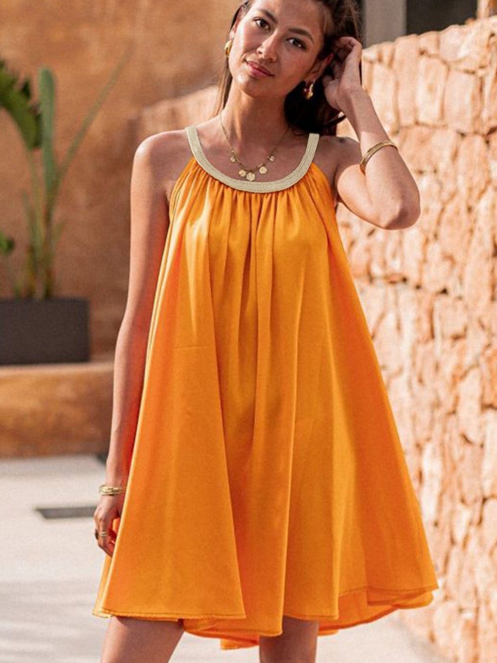 Vibrant Tangerine Boho Woven Neckline Sleeveless Mini Dress