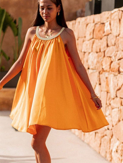 Vibrant Tangerine Boho Woven Neckline Sleeveless Mini Dress
