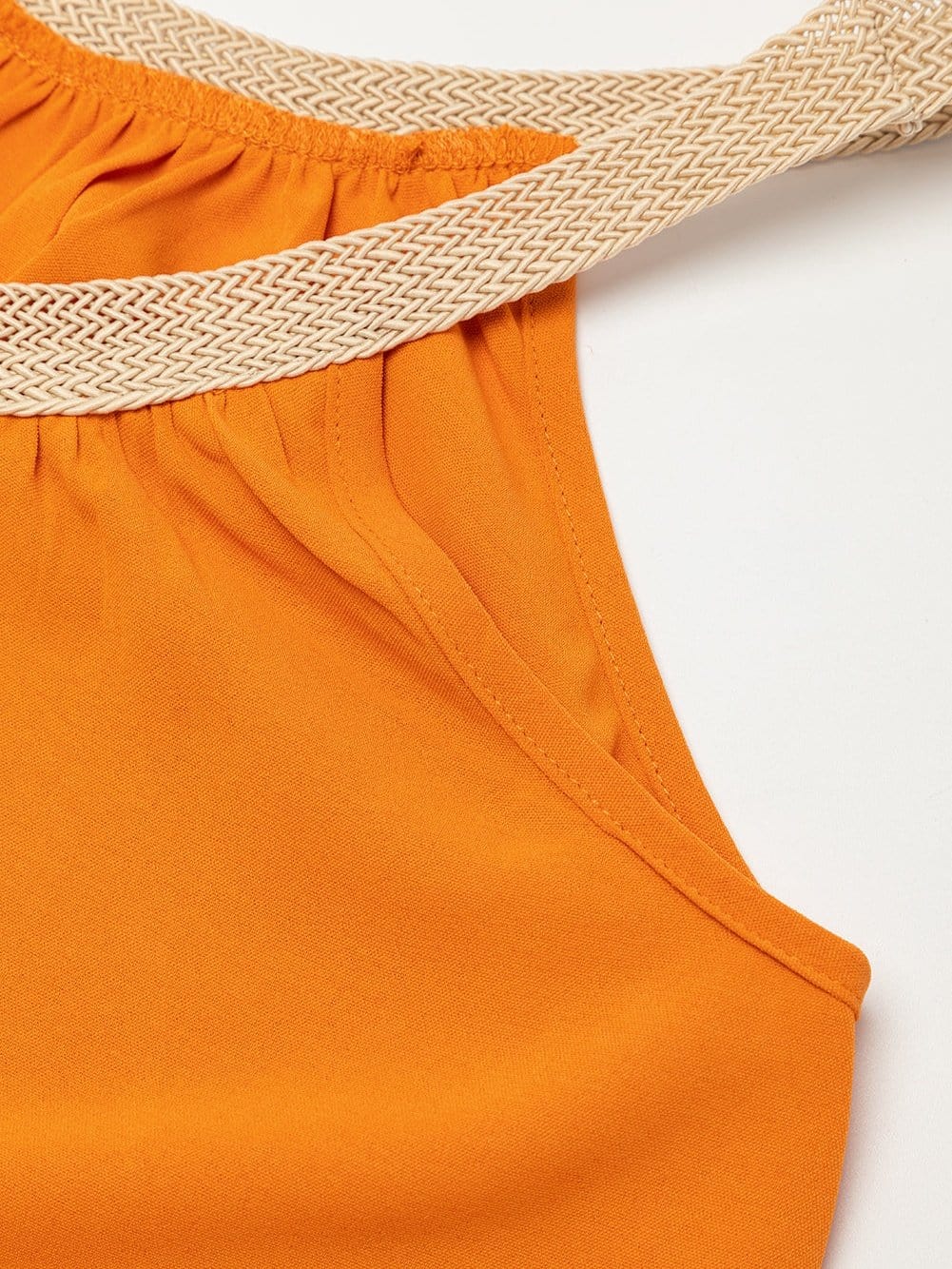 Vibrant Tangerine Boho Woven Neckline Sleeveless Mini Dress