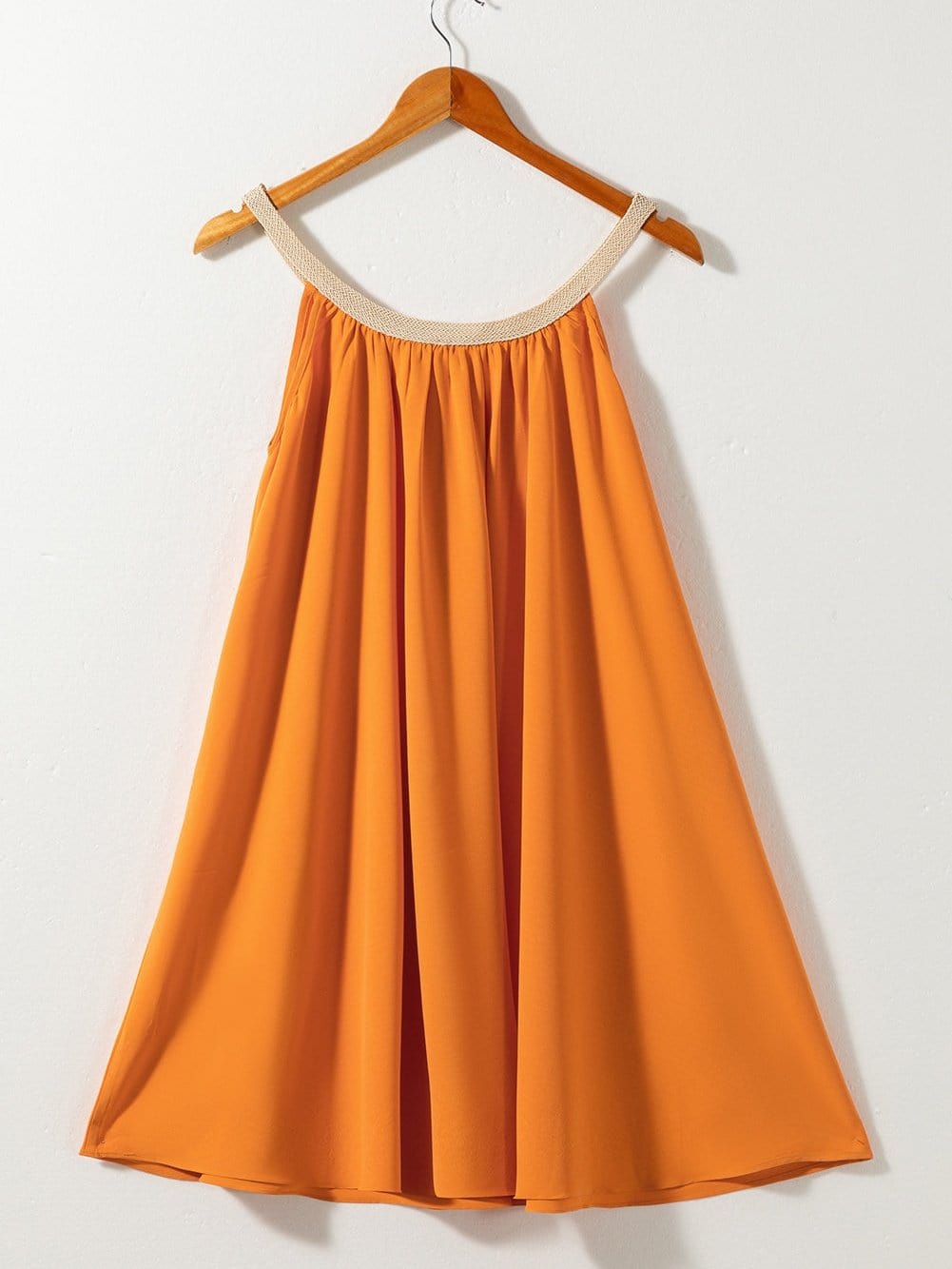 Vibrant Tangerine Boho Woven Neckline Sleeveless Mini Dress