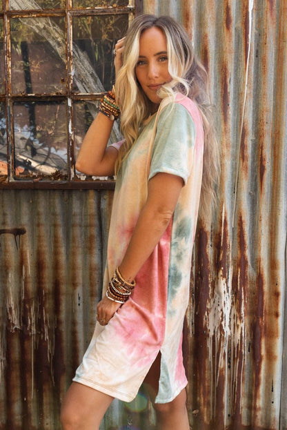 Vibrant Tie Dye Boxy T-Shirt Dress with Side Slits