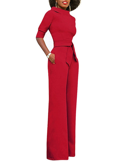 Jumpsuits for Women Summer Dressy Clean Fit Pocket High Waist Solid Color Stand Collar Business Office Work Regular Fit Half Sleeve Black White Yellow S M L - LuckyFash™