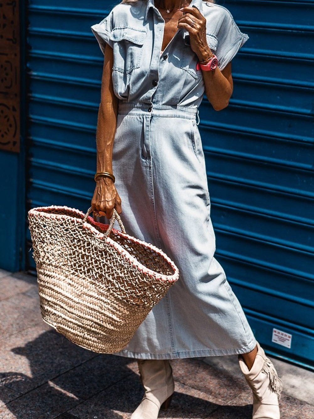 Vintage Beau Blue Denim Dress with Batwing Sleeves and Slit Back