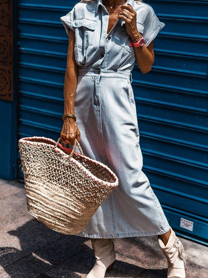 Vintage Beau Blue Denim Dress with Batwing Sleeves and Slit Back