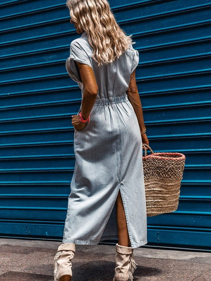 Vintage Beau Blue Denim Dress with Batwing Sleeves and Slit Back