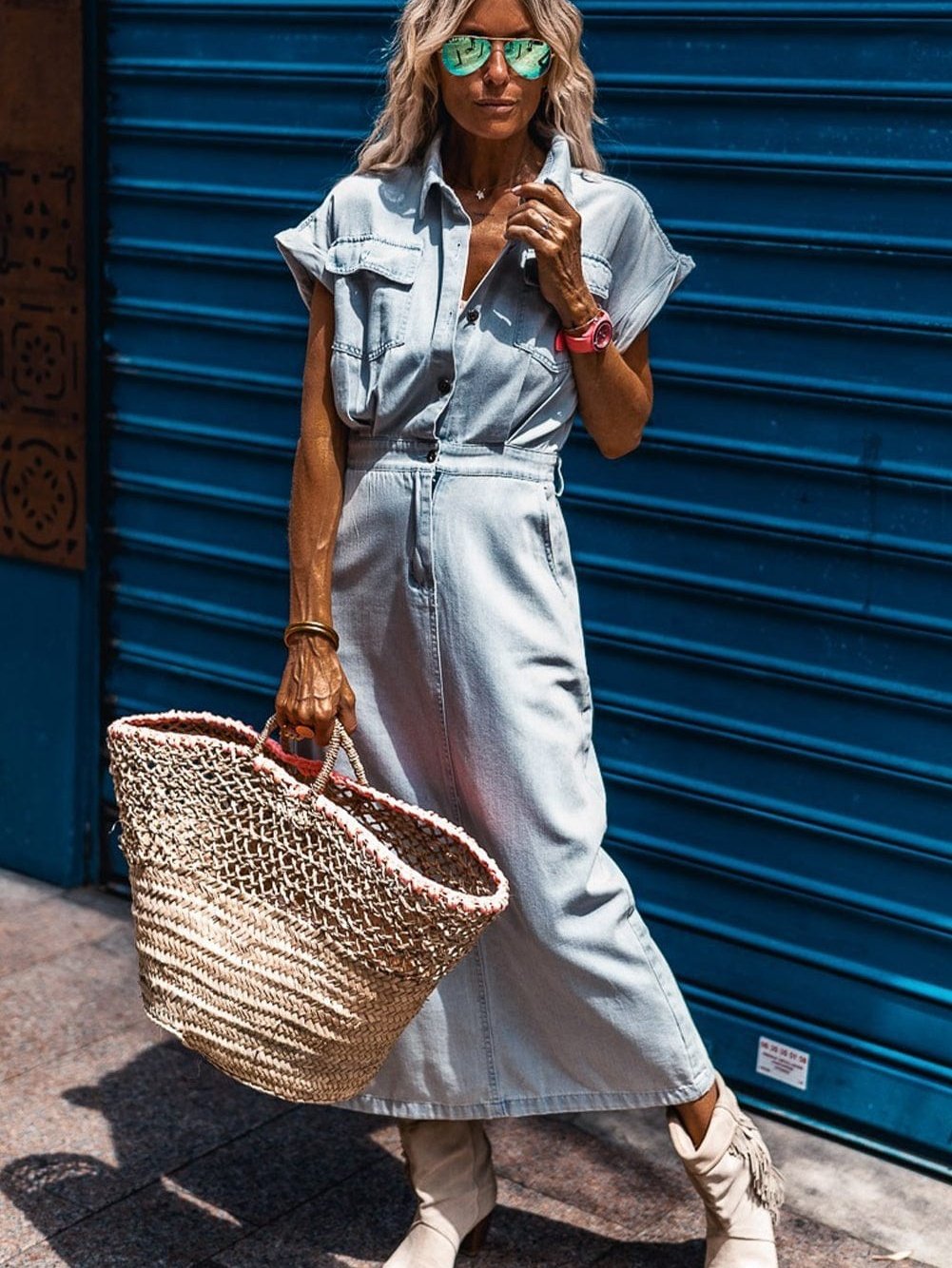 Vintage Beau Blue Denim Dress with Batwing Sleeves and Slit Back