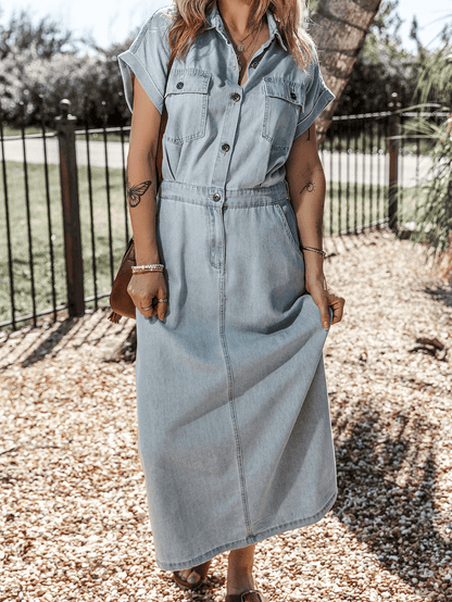 Vintage Beau Blue Denim Dress with Batwing Sleeves and Slit Back