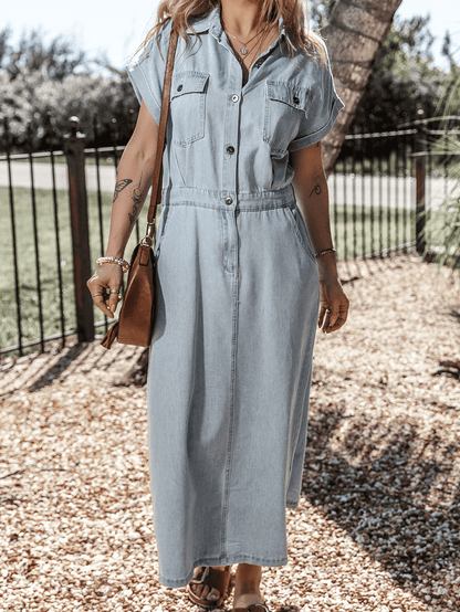 Vintage Beau Blue Denim Dress with Batwing Sleeves and Slit Back