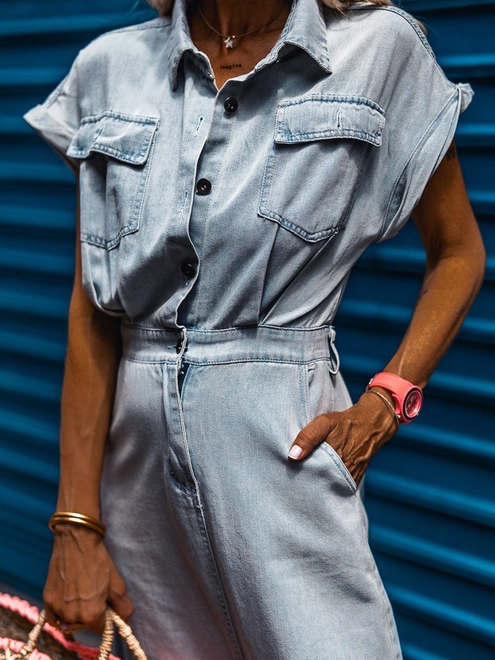 Vintage Beau Blue Denim Dress with Batwing Sleeves and Slit Back