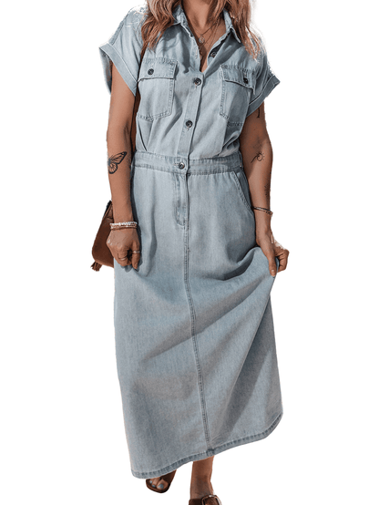 Vintage Beau Blue Denim Dress with Batwing Sleeves and Slit Back