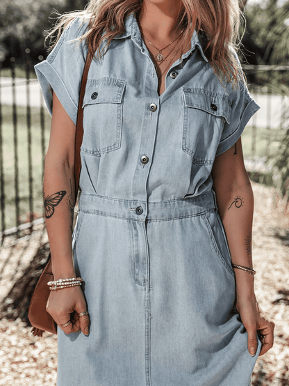 Vintage Beau Blue Denim Dress with Batwing Sleeves and Slit Back