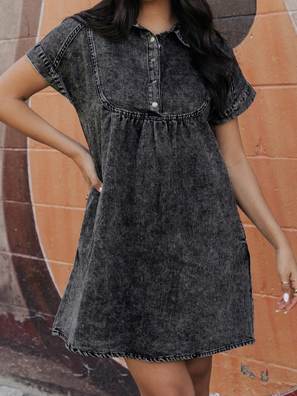 Vintage Black Denim Shirt Dress with Acid Wash Detail