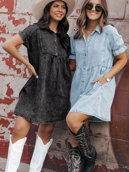 Vintage Black Denim Shirt Dress with Acid Wash Detail