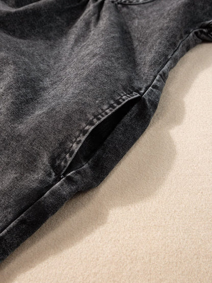 Vintage Black Denim Shirt Dress with Acid Wash Detail