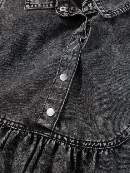 Vintage Black Denim Shirt Dress with Acid Wash Detail