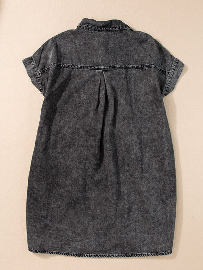 Vintage Black Denim Shirt Dress with Acid Wash Detail