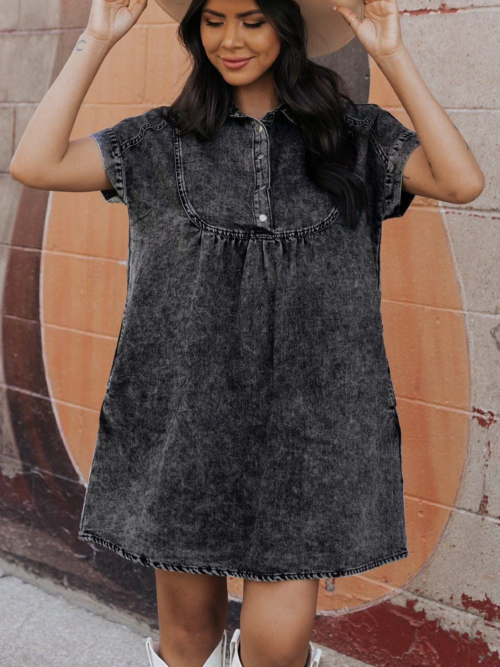 Vintage Black Denim Shirt Dress with Acid Wash Detail