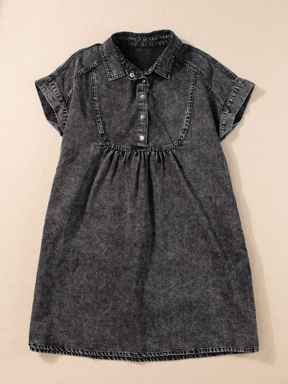 Vintage Black Denim Shirt Dress with Acid Wash Detail